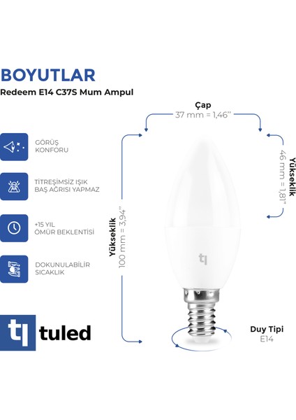 Redeem C37S E14 Mum Ampul, Titreşimsiz, Göz Konforu, Tekli, 528 Lümen, Tuled Beyazı, 5000 Kelvin fırsatları