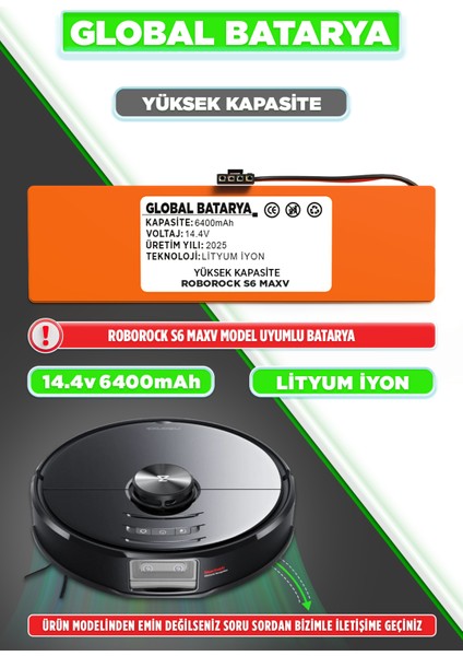 Roborock S6 Maxv Uyumlu Akıllı Robot Süpürge Bataryası 14.4V 6400MAH Li-Ion Pil (Yüksek Kapasite)