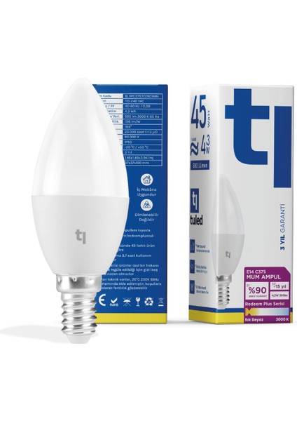 Redeem Plus C37S E14 Mum Ampul, Titreşimsiz, Göz Konforu, Tekli, 590 Lümen, Ilık Beyaz, 3000 Kelvin