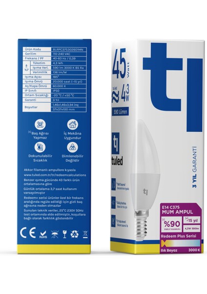 Redeem Plus C37S E14 Mum Ampul, Titreşimsiz, Göz Konforu, Tekli, 590 Lümen, Ilık Beyaz, 3000 Kelvin fiyatları