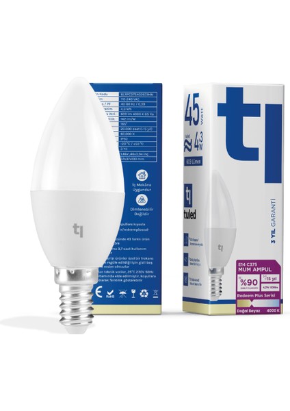 Redeem Plus C37S E14 Mum Ampul, Titreşimsiz, Göz Konforu, Tekli, 609 Lümen, Doğal Beyaz, 4000 Kelvin