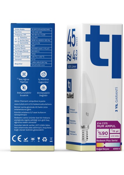 Redeem Plus C37S E14 Mum Ampul, Titreşimsiz, Göz Konforu, Tekli, 609 Lümen, Doğal Beyaz, 4000 Kelvin fiyatları