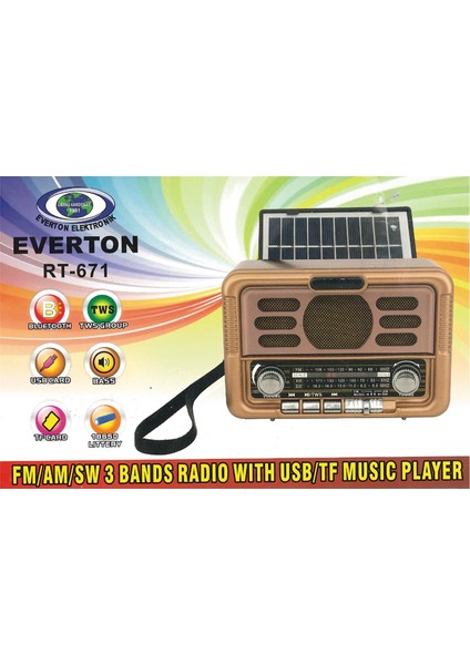 Rt-671 Bluetooth Fm-Usb-Tf-Aux Şarjlı Solar Nostaljik Radyo Güneş Panelli