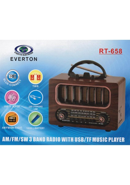 RT-658 Bluetooth Fm-Usb-Tf-Aux Şarjlı Nostaljik Radyo