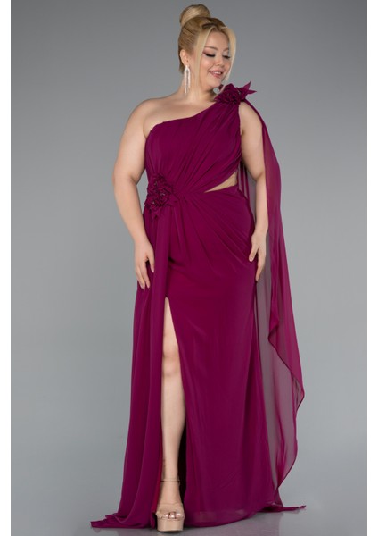 Tek Omuz Yırtmaçlı Uzun Şifon Büyük Beden Abiye ABU5145