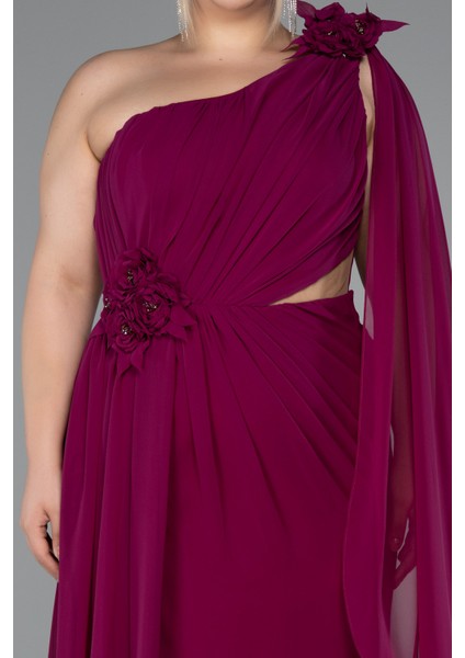 Tek Omuz Yırtmaçlı Uzun Şifon Büyük Beden Abiye ABU5145 modelleri