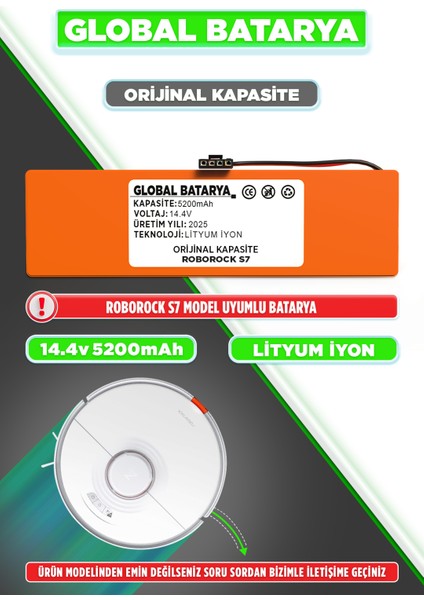 Roborock S7 Uyumlu Akıllı Robot Süpürge Bataryası 14.4V 5200MAH Pil ( Orijinal Kapasite)