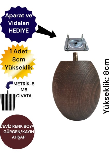 Ceviz Renk Ahşap Koltuk Ayağı Tv Ünitesi Ayağı Baza Ayağı Uzunluk:8cm/çap:7cm 3301000000878