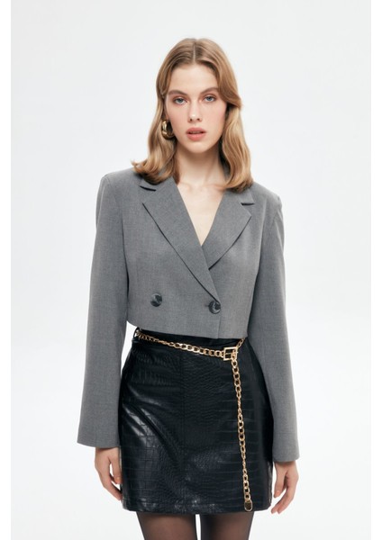 Kadın Kruvaze Yaka, Çift Düğmeli, Vatkalı Crop Blazer Ceket – Elastan, Polyester, Viskon Karışımı