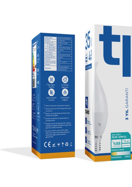 Redeem C37A E14 Mum Ampul, Titreşimsiz, Göz Konforu, Tekli, 456 Lümen, Sıcak Beyaz, 2700 Kelvin fiyatları