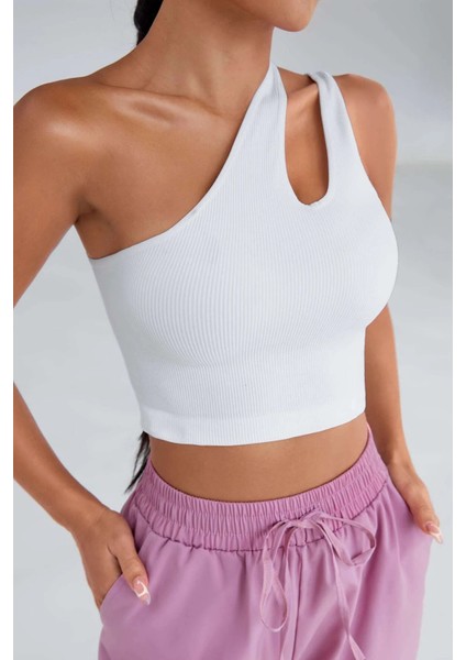 Kadın Beyaz Tek Omuz Cut Out Detaylı Crop Top Bluz
