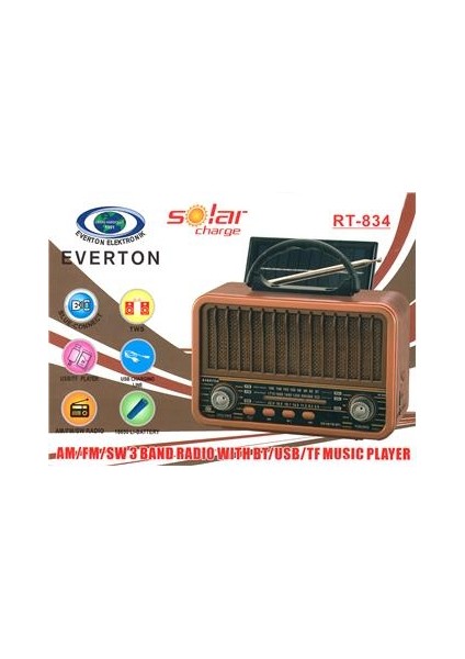 Rt-834 Bluetooth Radyo-TF card-usb-Kumandalı Nostaljik Radyo Solar Güneş Panelli modelleri