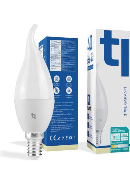 Redeem C37A E14 Mum Ampul, Titreşimsiz, Göz Konforu, Tekli, 525 Lümen, Doğal Beyaz, 4000 Kelvin