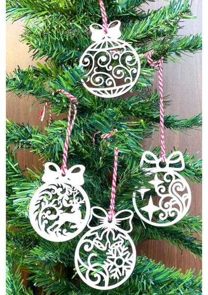 10 Parça Kırmızı Beyaz Ipli Fiyonk Model Ahşap Yılbaşı Ağaç Süsü