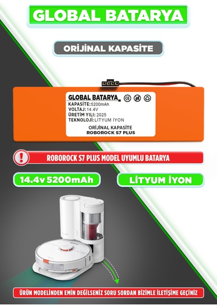 Roborock S7 Plus Uyumlu Robot Süpürge Bataryası 14.4V 5200MAH Li-Ion Pil (Orijinal Kapasite)