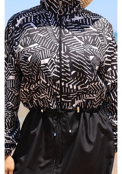 Beli Lastikli Zebra Desenli Fermuarlı Tesettür Mayo Bone Hediyeli 9005J-01 Siyah Beyaz indirimleri