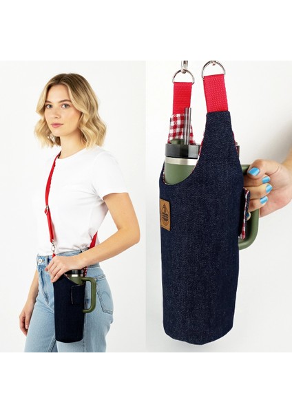 El Yapımı Kot Matara Termos Kılıfı Kulplu Model Quencher Pipetli 1,18