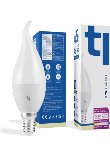 Redeem Plus C37A E14 Mum Ampul, Titreşimsiz, Göz Konforu, Tekli, 604 Lümen, Doğal Beyaz, 4000 Kelvin