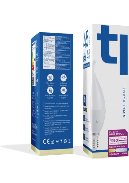 Redeem Plus C37A E14 Mum Ampul, Titreşimsiz, Göz Konforu, Tekli, 604 Lümen, Doğal Beyaz, 4000 Kelvin fiyatları