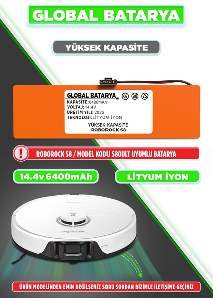 Roborock S8 Uyumlu Akıllı Robot Süpürge Bataryası 14.4V 6400MAH Li-Ion Pil (Yüksek Kapasite)