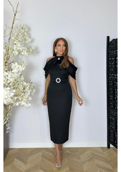 G1540 Yaka Detaylı Tasarım Elbise Siyah