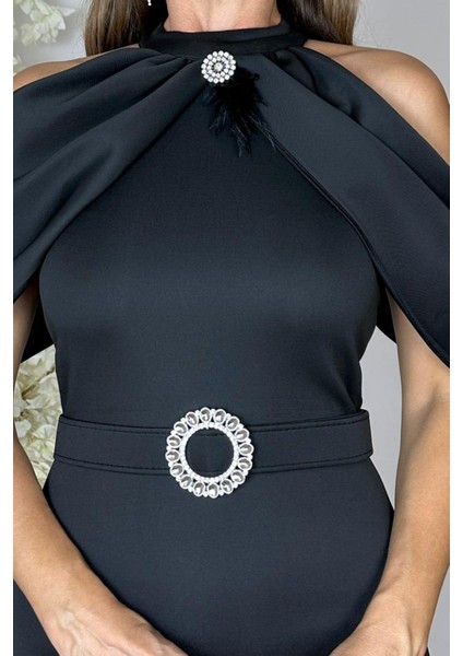 G1540 Yaka Detaylı Tasarım Elbise Siyah