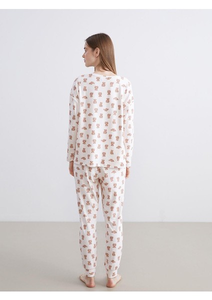Bisiklet Yaka Ayı Baskılı Kadın Pijama Takımı (W5) modelleri