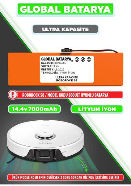 Roborock S8 Uyumlu Akıllı Robot Süpürge Bataryası 14.4V 7000MAH Li-Ion Pil (Ultra Kapasite)