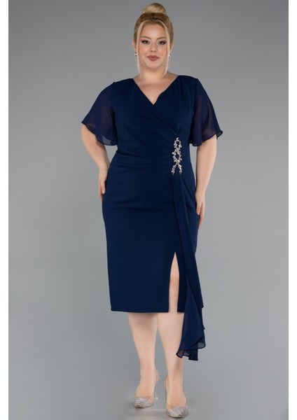 Şifon Kısa Kol Midi Büyük Beden Davet Elbisesi ABK2401