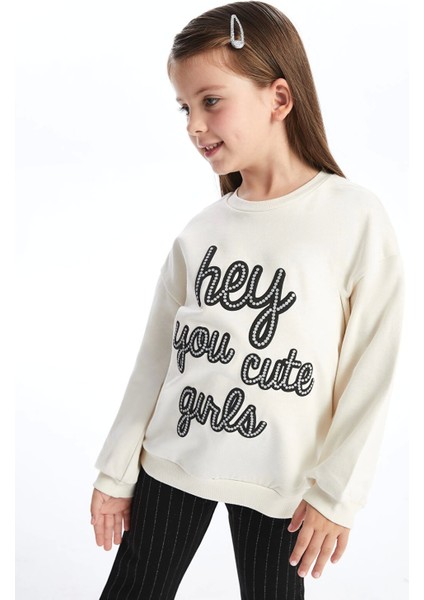 Lcw Kids Ekru Bisiklet Yaka Uzun Kollu Baskılı Kız Çocuk Sweatshirt ve Tayt 2'li Takım