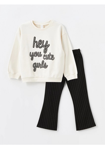 Lcw Kids Ekru Bisiklet Yaka Uzun Kollu Baskılı Kız Çocuk Sweatshirt ve Tayt 2'li Takım modelleri