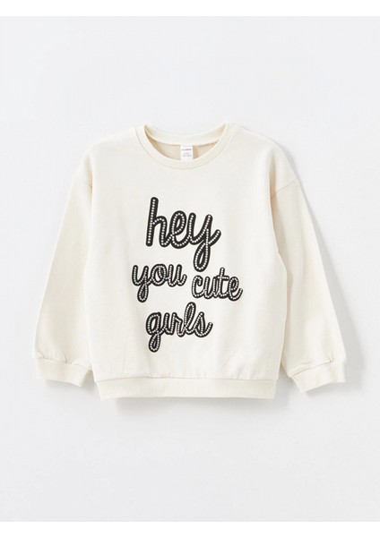 Lcw Kids Ekru Bisiklet Yaka Uzun Kollu Baskılı Kız Çocuk Sweatshirt ve Tayt 2'li Takım fırsatları
