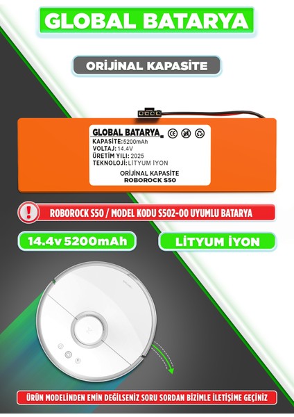 Roborock S50 Uyumlu Robot Süpürge Bataryası 14.4V 5200MAH Li-Ion Pil (Orijinal Kapasite)