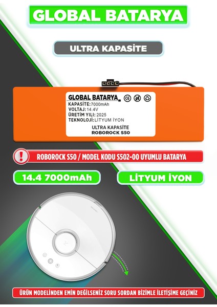 Roborock S50 Uyumlu Akıllı Robot Süpürge Bataryası 14.4V 7000MAH Li-Ion Pil (Ultra Kapasite)