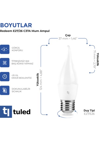 Redeem C37A E27 Mum Ampul, Titreşimsiz, Göz Konforu, Tekli, 494 Lümen, Ilık Beyaz, 3000 Kelvin fırsatları