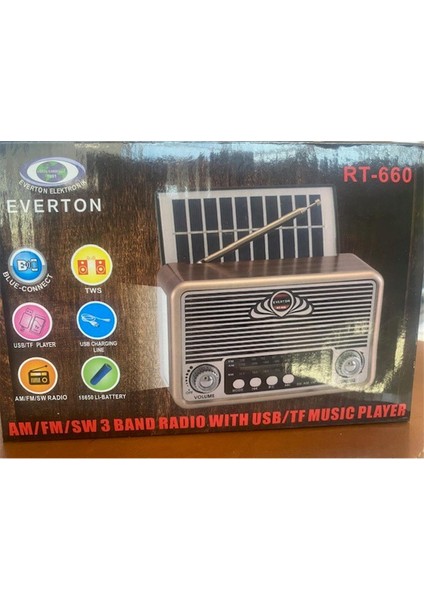 Everton Rt-660 Bluetooth Fm-Usb-Tf-Aux Şarjlı Nostaljik Radyo Solar (Güneş Panelli)