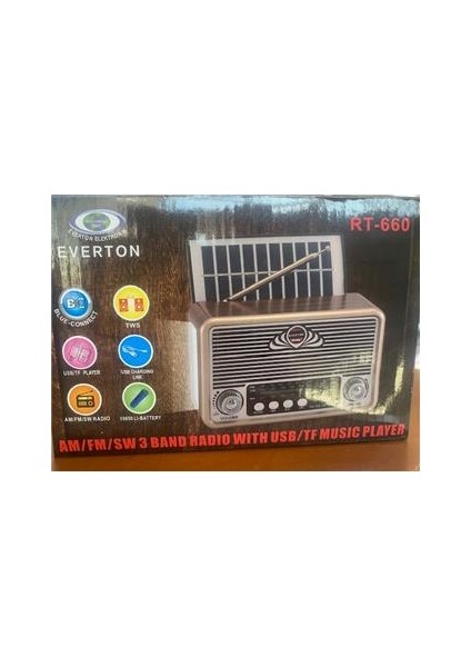 Everton Rt-660 Bluetooth Fm-Usb-Tf-Aux Şarjlı Nostaljik Radyo Solar (Güneş Panelli) modelleri