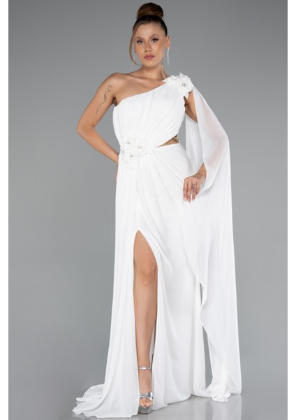 Şallı Tek Omuz Yırtmaçlı Uzun Şifon Abiye ABU5144