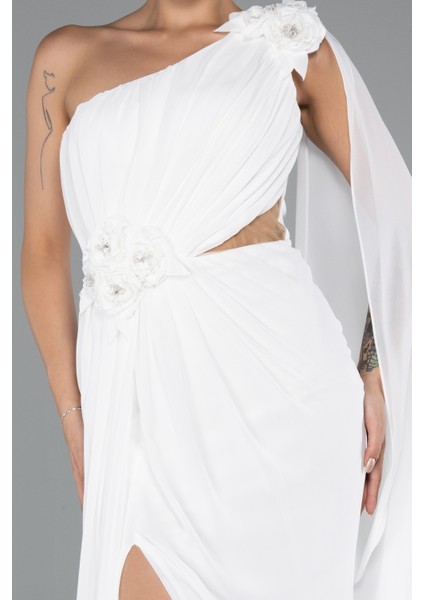 Şallı Tek Omuz Yırtmaçlı Uzun Şifon Abiye ABU5144 modelleri