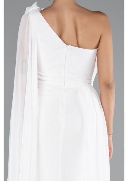 Şallı Tek Omuz Yırtmaçlı Uzun Şifon Abiye ABU5144 fırsatları