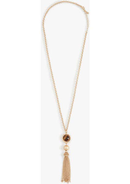 Zincir Püskül Detaylı Taşlı Çelik Kolye