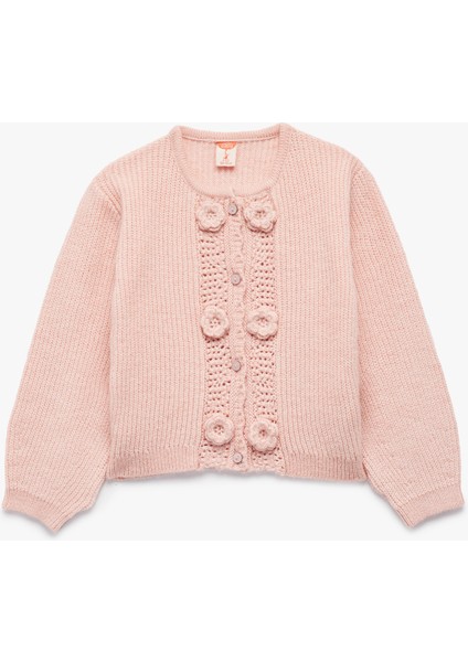 Aplike Gül Detaylı Uzun Kollu Bisiklet Yaka Düğmeli Triko Hırka