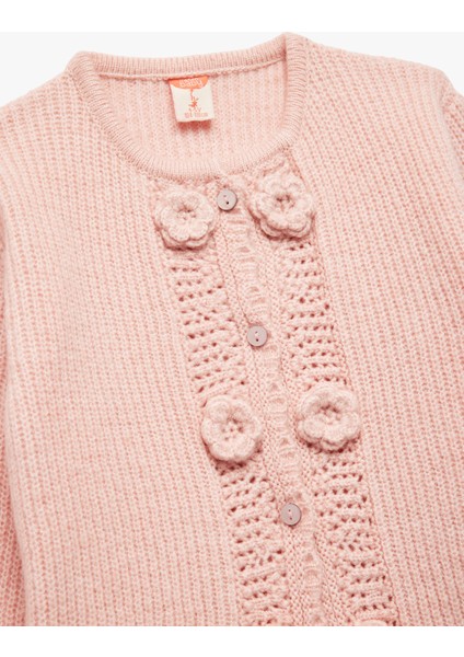 Aplike Gül Detaylı Uzun Kollu Bisiklet Yaka Düğmeli Triko Hırka modelleri