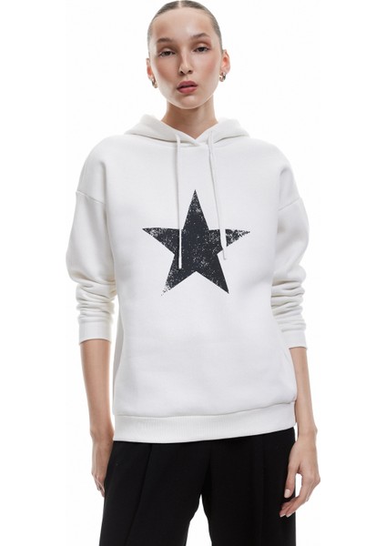 Şardonlu Kapüşonlu Arkası Baskılı Oversize Sweatshirt