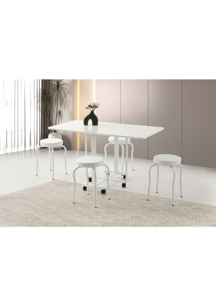 Mobilgen Beyaz 4 Adet Tabure Tekerlekli Katlanabilir Lizbon Masa Takımı