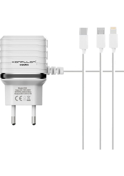C33 Hızlı Şarj Cihazı 3in1 (Dahili Micro USB KABLOLU)-(5796) - AGT4952-5430