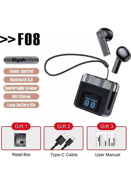 F08 Dijital Şarj Göstergeli Tws Bluetooth Kulaklık - SIYAH-(5796) - BKS2102-5255
