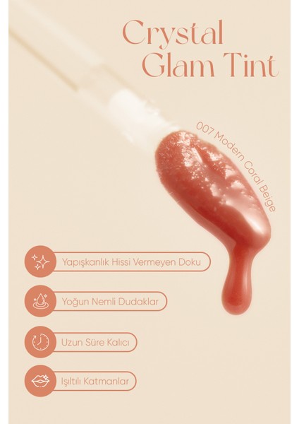 Yapışkanlık Hissi Vermeyen Yoğun Işıltılı Tint CLIO Crystal Glam Tint (07 Modern Coral Beige) modelleri