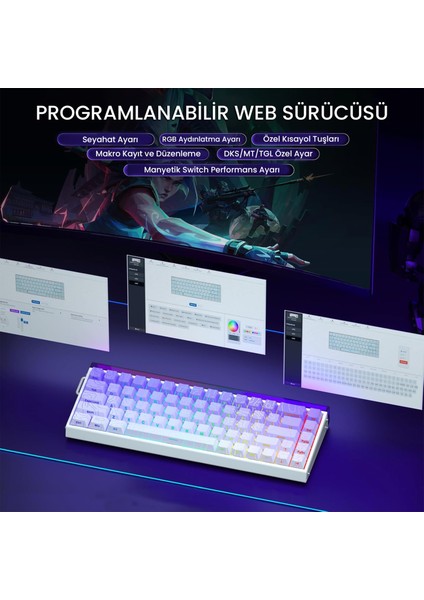 HERO 68 He Manyetik Klavye Rapid Trigger Dragon King Switch 8000Hz Rgb Neon Tkl Hot Swap Oyuncu Klavyesi Mor
