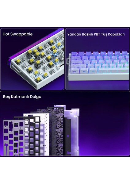 HERO 68 He Manyetik Klavye Rapid Trigger Dragon King Switch 8000Hz Rgb Neon Tkl Hot Swap Oyuncu Klavyesi Mor
